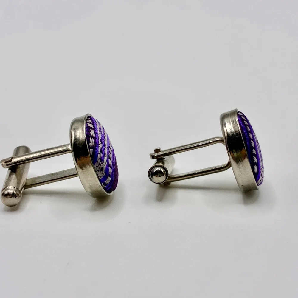 Vintage Men’s Purple & White Cloth Cuff Links in a Silver Tone